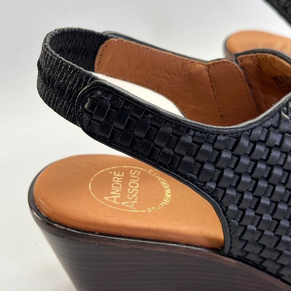 Andre Assous Belinda Wedges Size 8.5 Black Woven Slingback Peep Toe Heels - Picture 13 of 16